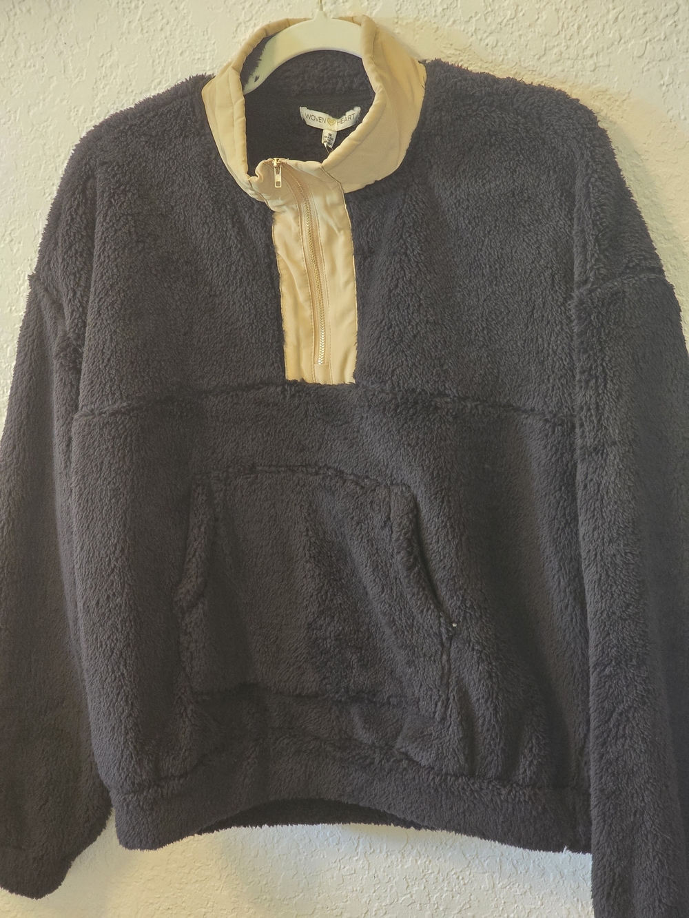 Woven Heart Black Sherpa Pullover with Tan Zip Placket